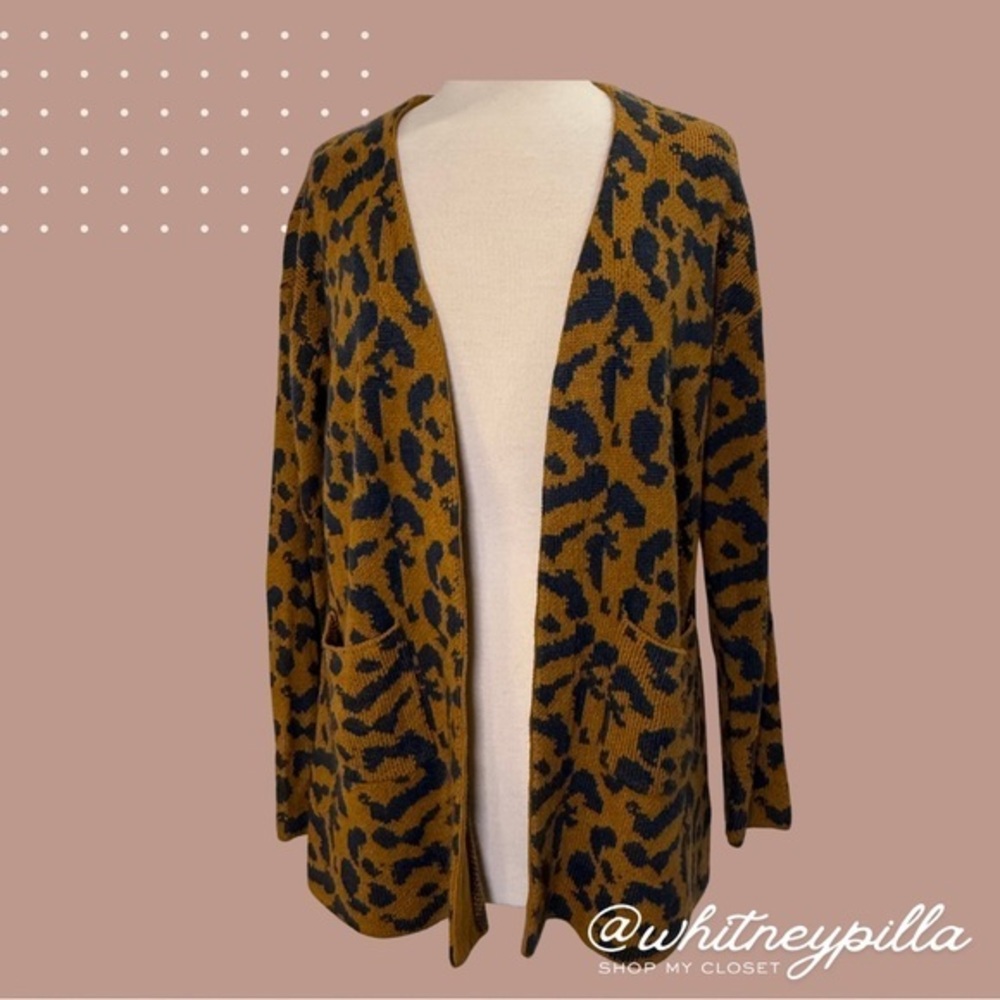 Oddi Open Front Knit Cardigan Leopard Print with Pockets Size Small/Medium